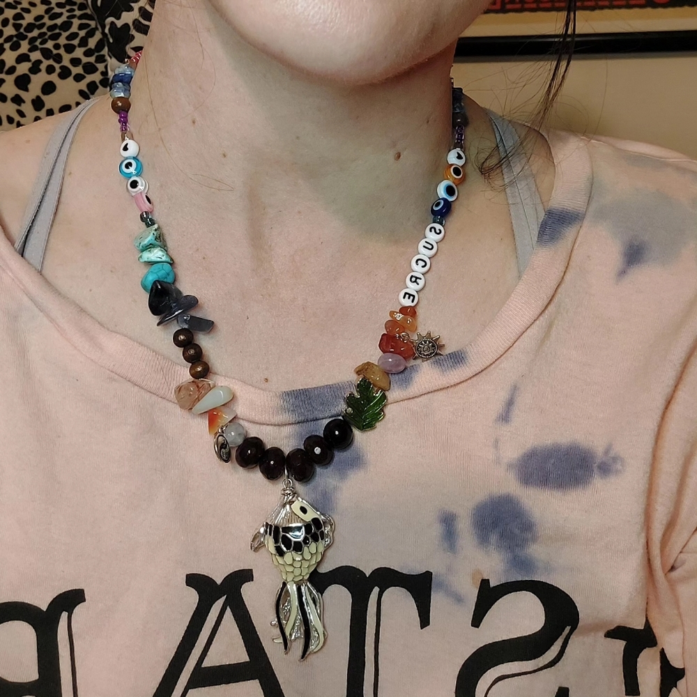 "Sucre " necklace made with upcycled koi fish and semiprecious stones